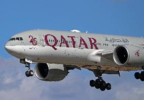 Qatar Boeing 777 25 Years of Excellence Sticker landing in Barcelona