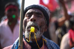 Loan Shark Victims Blows Whistle In A March At Kathmandu.