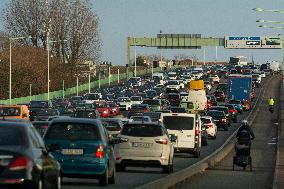 Traffic Jam During The Cologne Local Transit On Strike