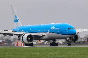 KLM Boeing 777 Landing At Amsterdam Schiphol Airport