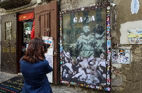 Pro Gaza Stickers Placed Unto Banksy Art Piece - Naples