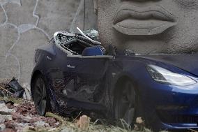 Colossal Olmec Head Replica Crushing A Tesla In Mexico City