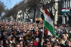 Protestors Gather In Budapest On The Anniversary Of The 1848/49 Hungarian Revolution - Peter Magyar