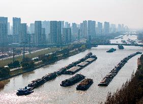 Cargo Ships Pass Through The Beijing-Hangzhou Grand Canal in Huai 'an