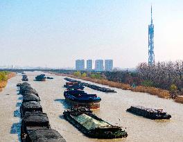 Cargo Ships Pass Through The Beijing-Hangzhou Grand Canal in Huai 'an