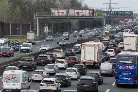 Traffic Jam At Autobahn A3 Ahead Of Easter Holiday Week
