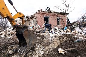 Downed rocket destroyed half street in Hatne near Kyiv