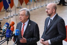 Secretary-General Of The United Nations Antonio Guterres And President Of The European Council Charles Michel  At The European C