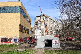 Section of apartment block partially destroyed by Russian drone dismantled in Odesa