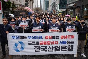 Demonstration Against Relocation Of Korea Development Bank To Busan In Seoul, South Korea