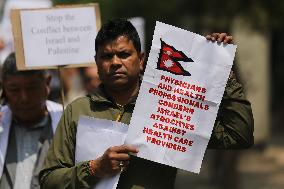 Nepali Doctors Protest For Peace In Gaza Outside The Israeli Embassy In Kathmandu