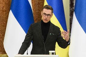 Ukrainian President Volodymyr Zelenskiy And President Of Finland Alexander Stubb During A Joint Press Conference With In Kyiv