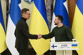 Ukrainian President Volodymyr Zelenskiy And President Of Finland Alexander Stubb During A Joint Press Conference With In Kyiv