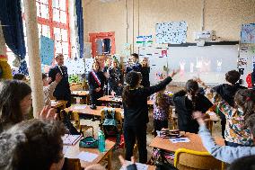 Macron Visits A Primary School And LAB9A - Paris