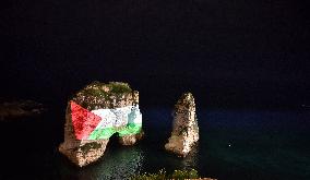 Raouche Rock With The Palestinian And Lebanese Flags In Solidarity With Gaza On International Jerusalem Day