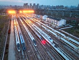 Trains Stop at A Parking Lot in Lianyungang