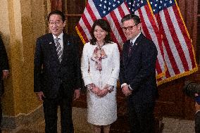 Speaker of the US House of Representatives Mike Johnson (Republican of Louisiana) meets Japanese Prime Minister Fumio Kishida at
