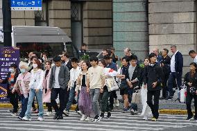Tourists Along The Nanjing Road Pedestrian Street in Shanghai