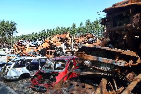 Cemetery of cars destroyed by Russian invaders in Irpin