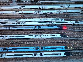 Trains Stop at A Parking Lot in Lianyungang