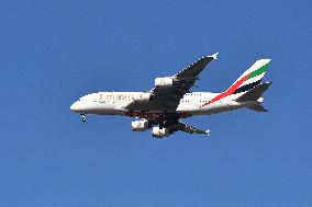 An Emirates Airbus A380 Is Flying Over Christchurch
