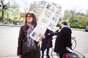 Sophie Binet Attends CGT Protest In Front Of INRS - Paris