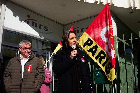 Sophie Binet Attends CGT Protest In Front Of INRS - Paris