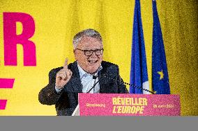 French Socialist Party Candidate For The European Elections Raphael Glucksmann Reacts On Stage During A Meeting In Strasbourg, E