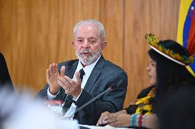 Brazil's President Luiz Inácio Lula Da Silva And Sonia Guajajara, Brazil's Minister Of Indigenous Peoples, Receive Indigenous Le