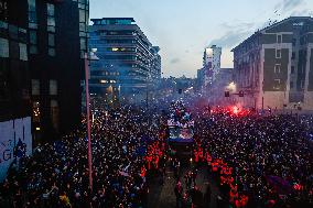 Inter FC Players During The Bus Parade As It Passes Through The Streets Of Milan To Celebrate Winning 20th Scudetto,  On 28 Of A