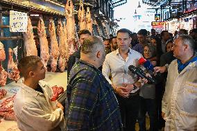 Syriza Party Leader Stefanos Kasselakis Visits Varvakeios  Meat Market In Athens