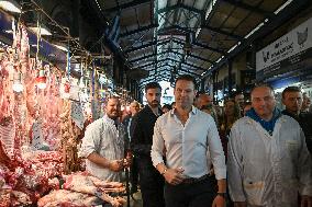Syriza Party Leader Stefanos Kasselakis Visits Varvakeios  Meat Market In Athens