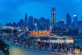 Hongya Cave Scenic Area Crowded With Tourists in Chongqing