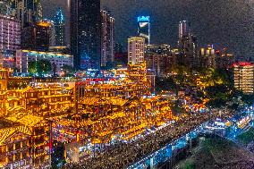 Hongya Cave Scenic Area Crowded With Tourists in Chongqing