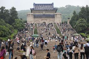 Tourists Visit The Mausoleum of Sun Yat-sen Scenic Spot in Nanjing