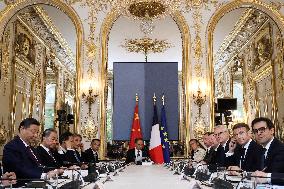 Emmanuel Macron and Xi Jinping Working Session At Elysee Palace - Paris