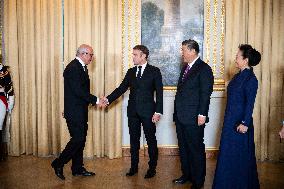 France's President Emmanuel Macron, Chinese President Xi Jinping during presentations ahead of an official state dinner