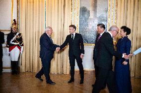 France's President Emmanuel Macron, Chinese President Xi Jinping during presentations ahead of an official state dinner