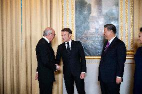 France's President Emmanuel Macron, Chinese President Xi Jinping during presentations ahead of an official state dinner