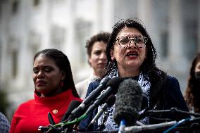 Tlaib and Bush hold press conference with GWU Gaza encampment students