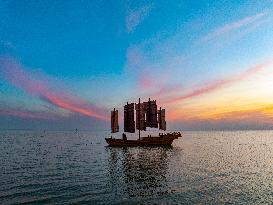 Sailboats in The Sunset Glow in Huai 'an