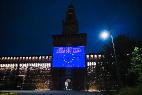 The European Flag Projected On The Facade Of The Castello Sforzesco On The Occasion Of The Europe Day In Milan