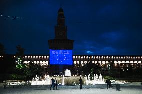 The European Flag Projected On The Facade Of The Castello Sforzesco On The Occasion Of The Europe Day In Milan