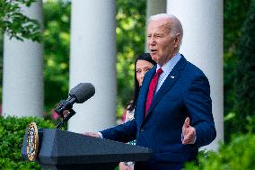 US President Joe Biden  delivers remarks during a reception celebrating Asian American, Native Hawaiian, and Pacific Islander He