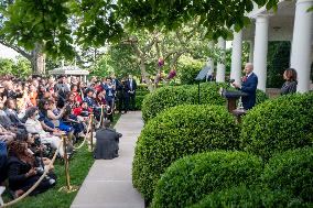 US President Joe Biden  delivers remarks during a reception celebrating Asian American, Native Hawaiian, and Pacific Islander He