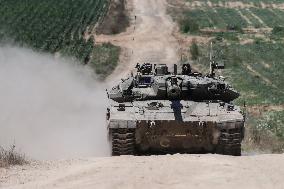 Army Battle Tank Moves Near The Border With The Gaza