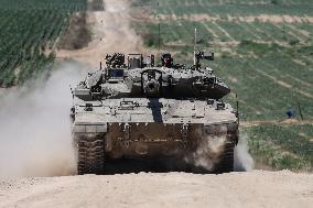Army Battle Tank Moves Near The Border With The Gaza