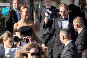 Cannes - Zoe Saldana And Marco Perego Exit Marriott Hotel