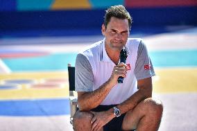 Roger Federer performs during the inauguration of a tennis court in Courneuve north Paris FA