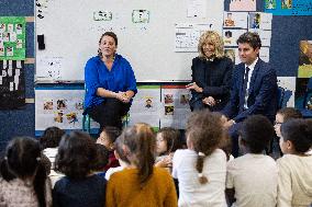 Gabriel Attal and Brigitte Macron Visit a School - Antony